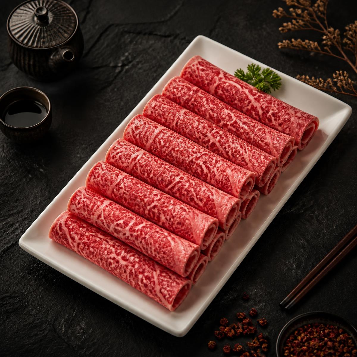 Rolled slices of premium marbled beef on a white plate