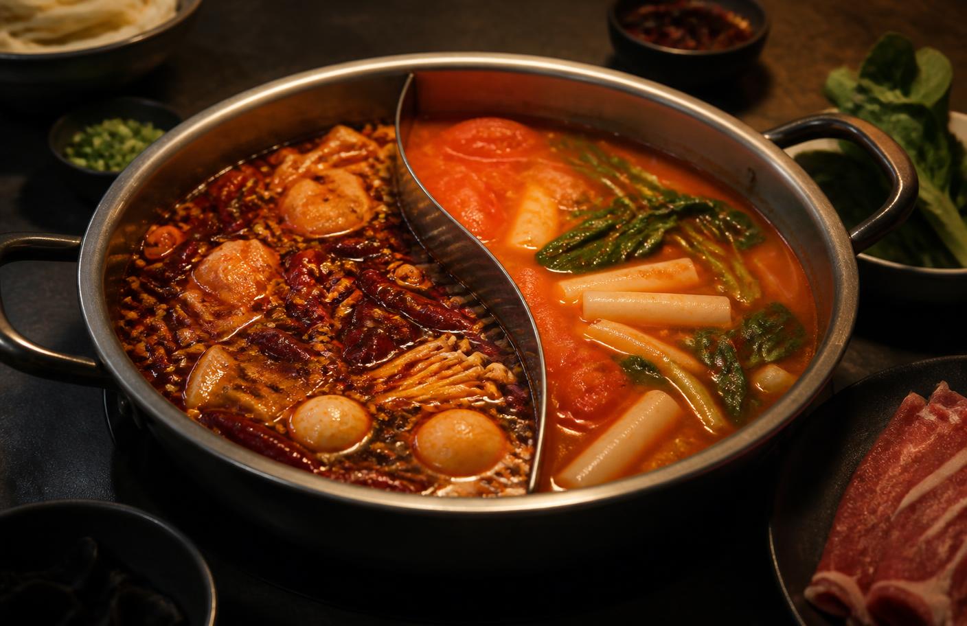 Split hot pot with spicy malatang broth and mild tomato broth