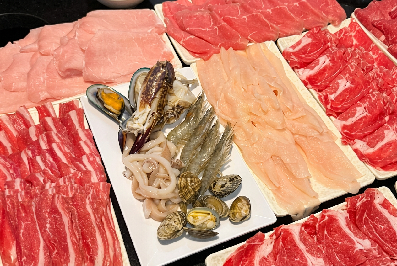 Platters of thinly sliced beef and pork with fresh shrimp, clams, mussels, squid and white fish